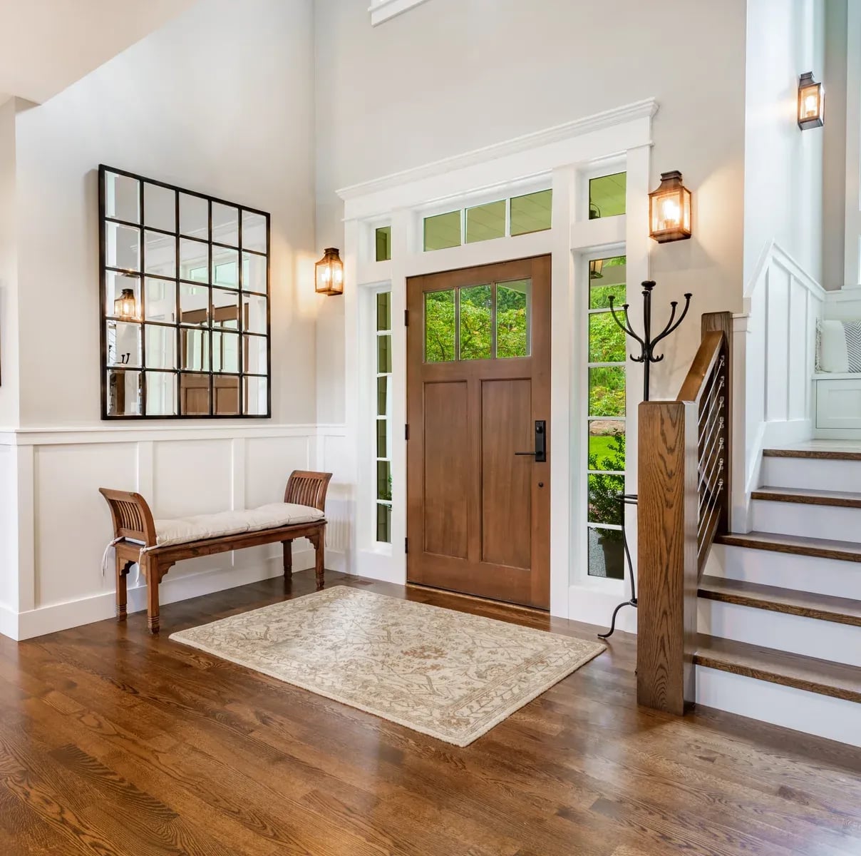 Front entry foyer of a luxurious home with rich finishes