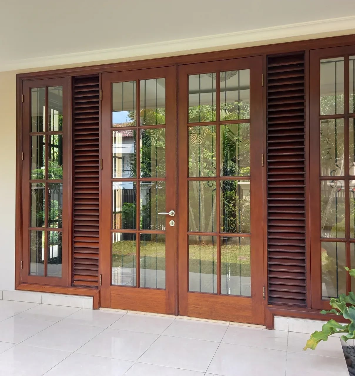 Wooden fiberglass door and window combination with clear glass