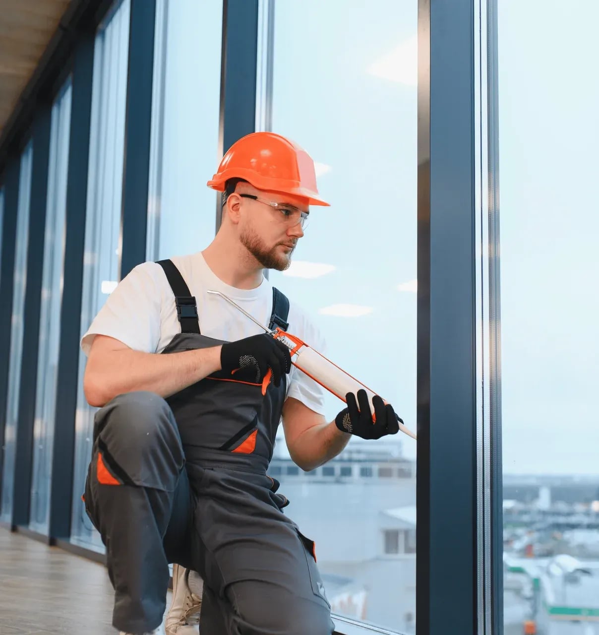 Construction worker installing impact glass